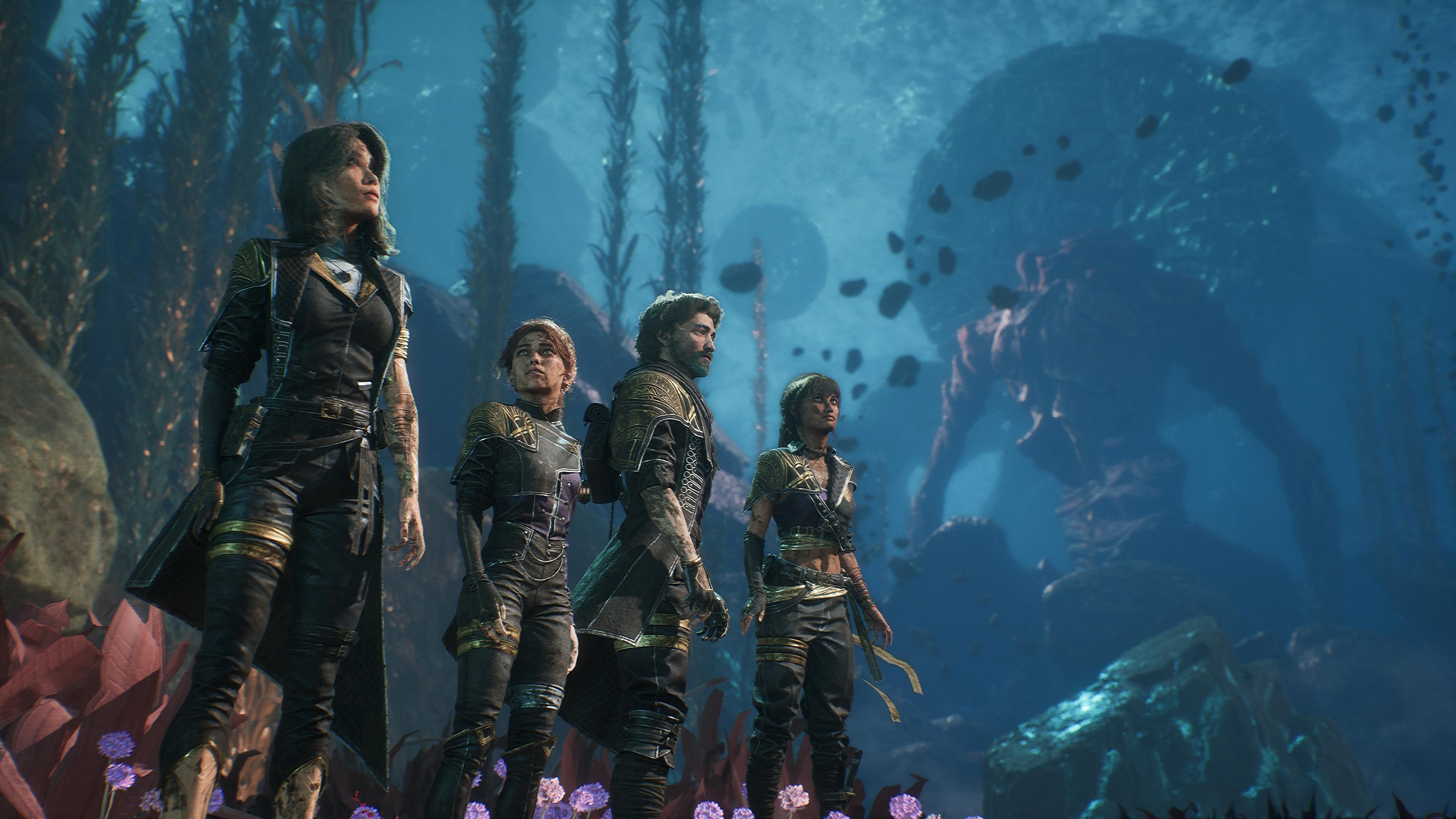 Clair Obscur: Expedition 33 party members Lune, Maelle, Gustave and Sciel (L-R) standing in their uniforms in an underwater region of the game